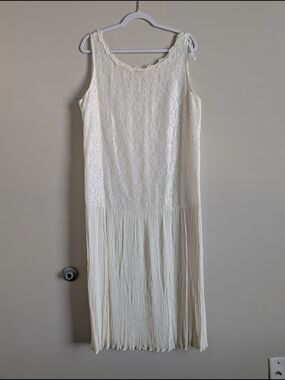 Vintage 70s Ivory Cream Lace Dress Wedding Bachelorette Size 16 Drop Waist